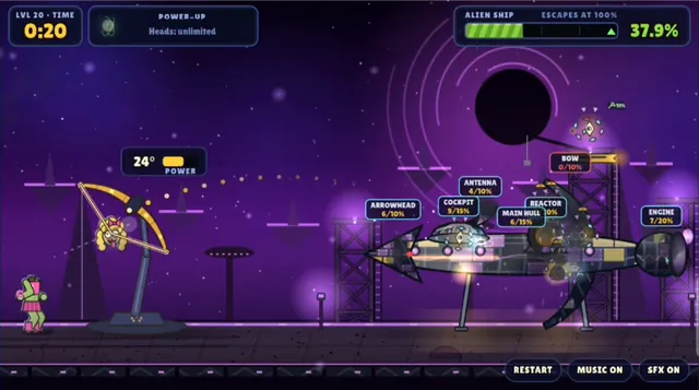 Gameplay: aiming the catapult at an alien ship
